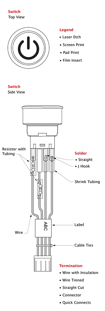 Custom switch legends, switch solders and wire terminations Custom switch legends, switch solders and wire terminations