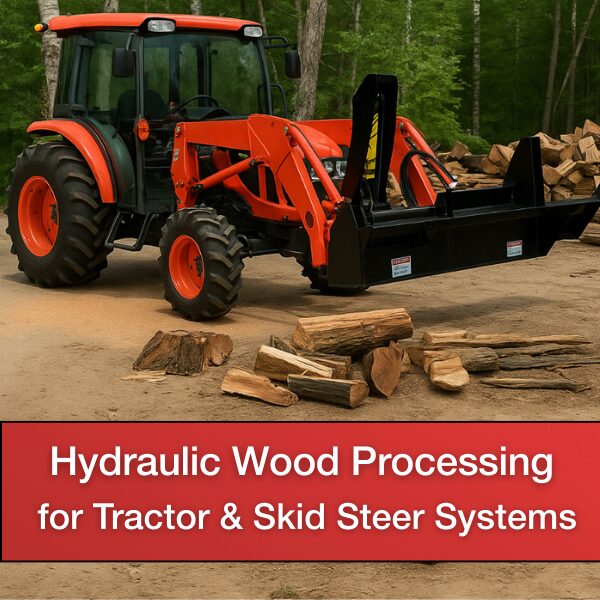 Featured tractor with a firewood processing attachment added, efficiently chopping wood.