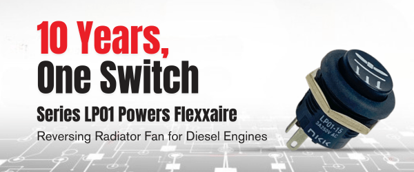 LP01 Series Image with the Headline: 10 Years, One Switch. Series LP01 powers Flexxaire. Reversing Radiator Fan for Diesel Engines.
