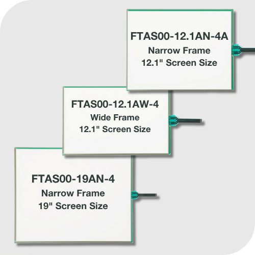 FT Series resistive touchscreen with printed FPC tails, shown in a flat-lay view highlighting tail orientation and interface connection points.