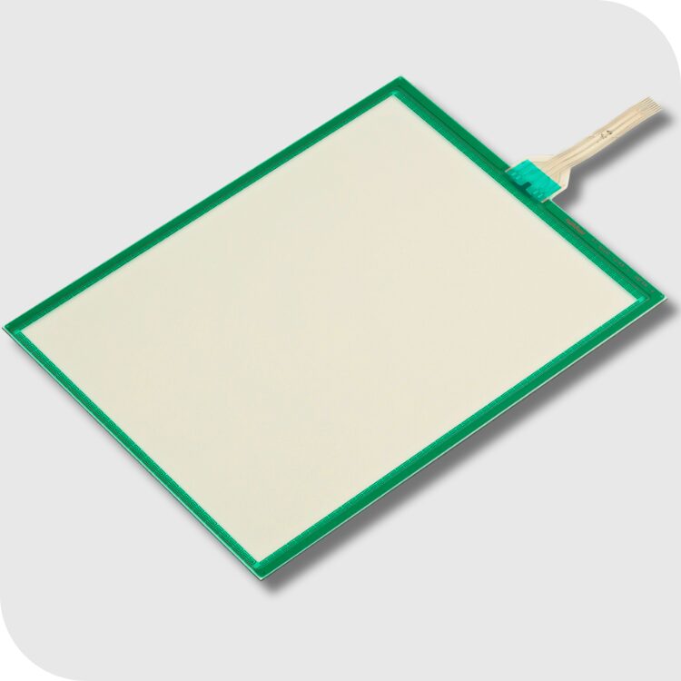 FT Series 5-wire resistive analog touchscreen with tail connection visible, designed for high-precision input and ruggedized control applications.