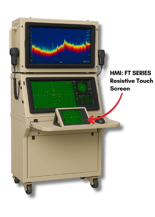 FT Series resistive touchscreen integrated into a dual-monitor radar display console, labeled to show positioning within a defense control system.