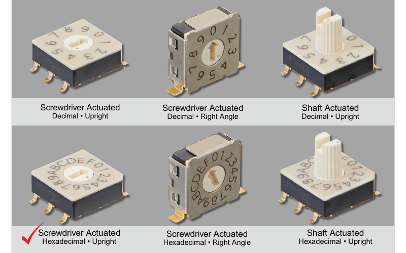 Photo comparison of six NKK DIP rotary switches. Top row shows screwdriver actuated decimal upright, screwdriver actuated decimal right angle, and shaft actuated decimal upright. Bottom row shows screwdriver actuated hexadecimal upright (highlighted with a red check mark), screwdriver actuated hexadecimal right angle, and shaft actuated hexadecimal upright.