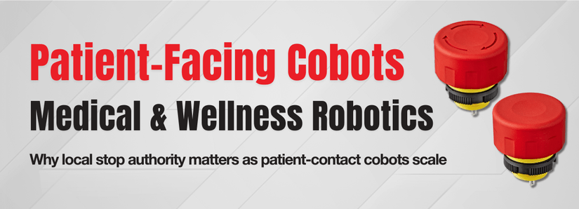 Banner graphic reading “Patient-Facing Cobots: Medical & Wellness Robotics” with subtext about local stop authority as patient-contact cobots scale, featuring NKK emergency stop buttons (E-Stop switches) for healthcare and wellness robotics HMIs.