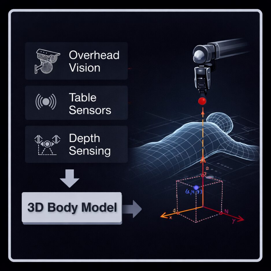 Diagram of overhead infrared scan producing a 3D body model for targeted cobot contact planning.