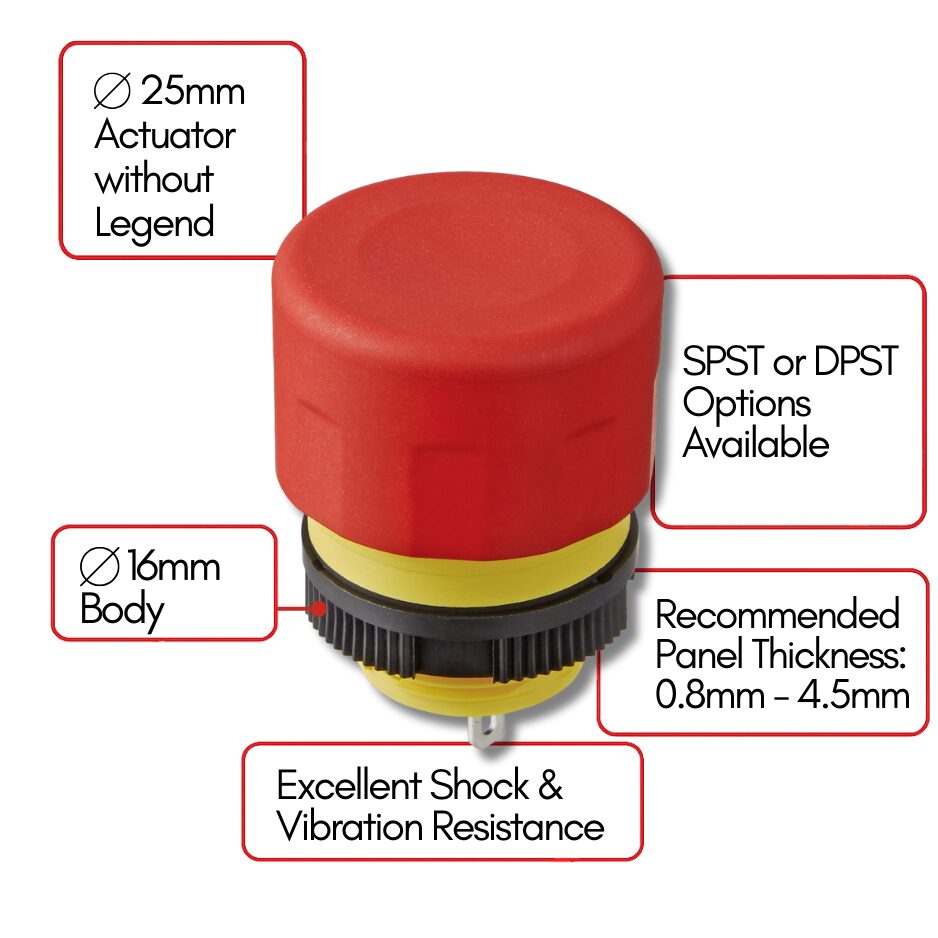 Annotated image of an NKK FF01 Series emergency stop button (E-Stop switch) common for low profile robotics and automation HMIs, showing a Ø 25mm actuator without legend, Ø 16mm body, SPST or DPST contact options, recommended panel thickness of 0.8–4.5mm, and design optimized for shock and vibration resistance in mobile robotic systems.