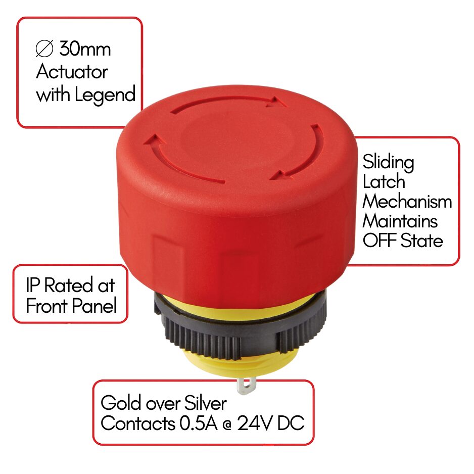 Annotated image of an NKK FF01 Series emergency stop button (E-Stop switch) with a 30mm diameter common for robotics and automation HMIs, showing a Ø 30mm actuator with legend, Ø 16mm body, SPST or DPST contact options, recommended panel thickness of 0.8–4.5mm, and design optimized for shock and vibration resistance in mobile robotic systems.