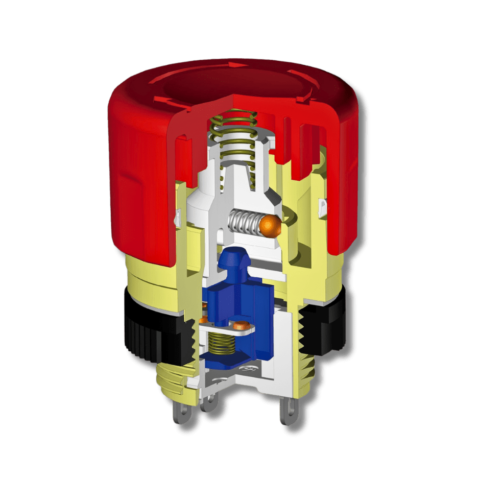 Cutaway graphic highlighting FF01 Emergency Stop button (E-Stop switch) short behind-panel depth and maintained OFF state after actuation.