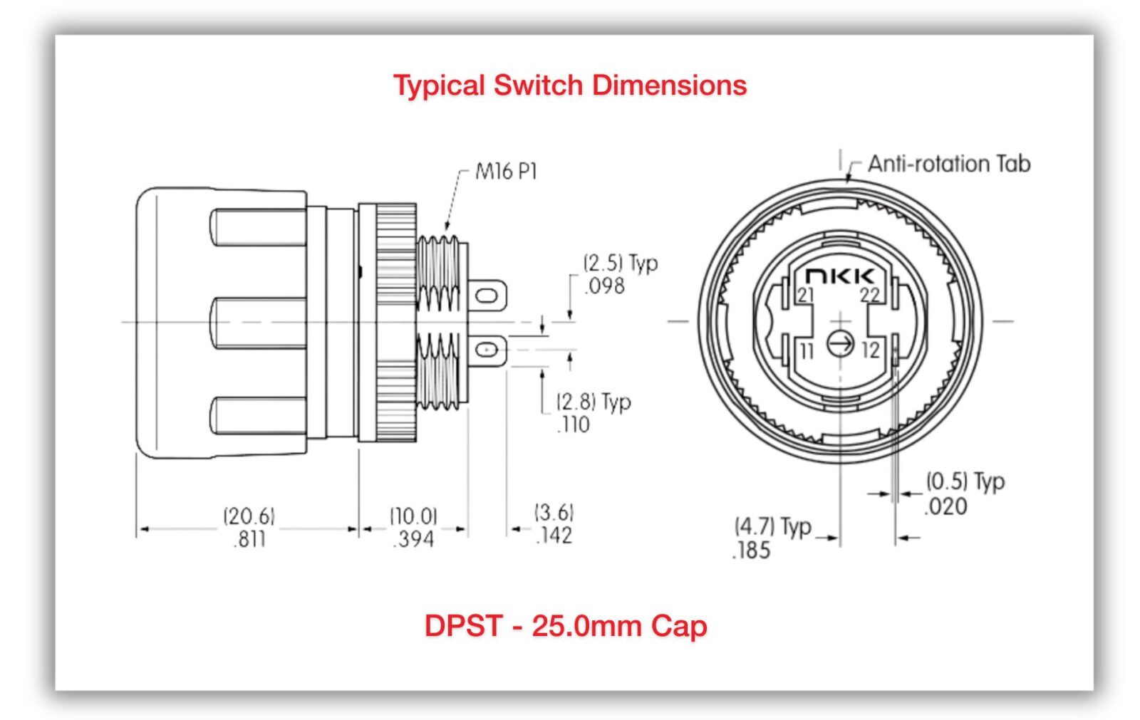 Technical drawing labeled “Typical Switch Dimensions” showing side and rear views of a DPST emergency stop button (E-Stop switch) with a Ø 25mm cap, including M16 P1 threaded bushing, anti-rotation tab, terminal layout, and dimensional callouts in millimeters and inches.