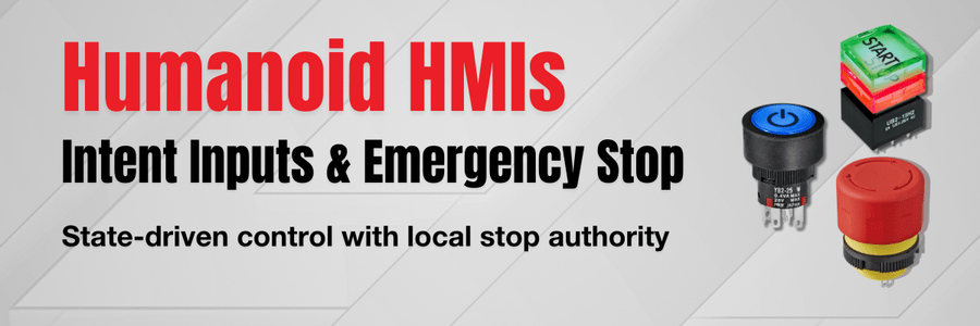 Hero graphic introducing humanoid robot HMI concepts, focused on recessed access to an emergency stop button (E-Stop switch) and illuminated pushbuttons for controlled state transitions.