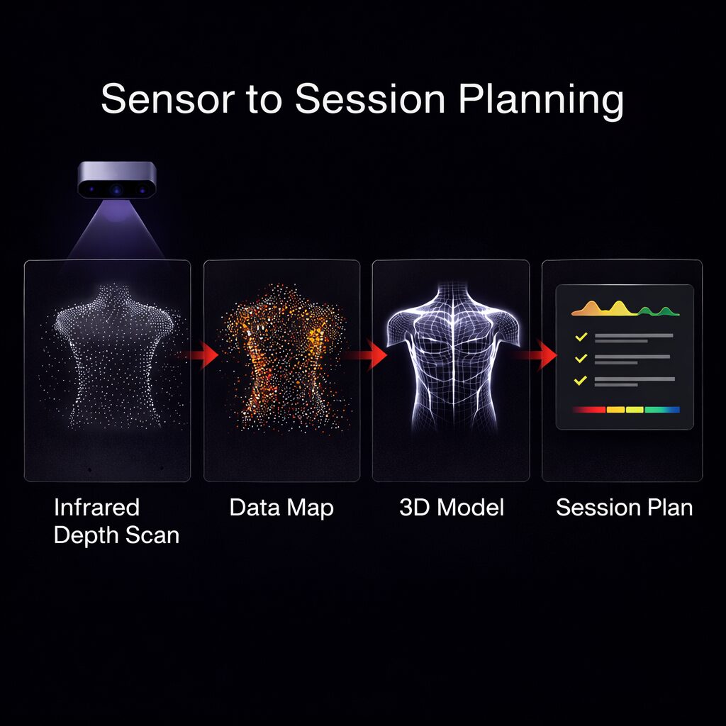 Diagram of sensor data feeding model-based planning to generate repeatable massage stroke paths.