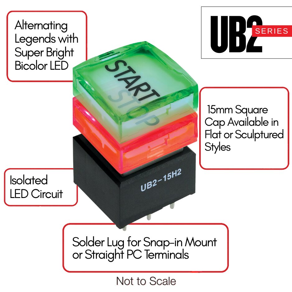 NKK UB2 Series illuminated pushbuttons showing alternating legends and bicolor LED indication.