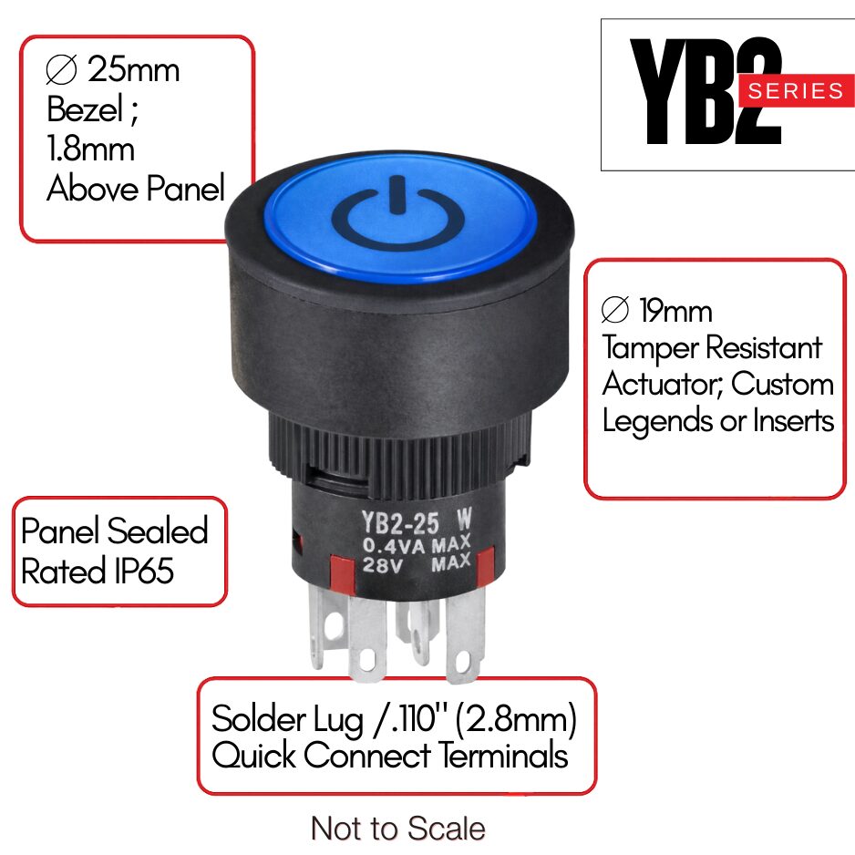 NKK YB2 Series illuminated pushbutton with panel seal and illuminated legend on the cap.
