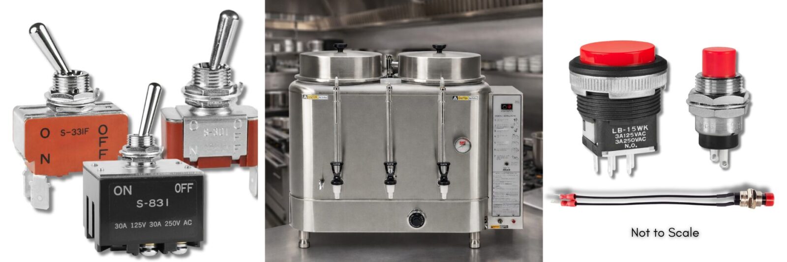 S series high and medium capacity toggles with a commercial coffee maker. Additional switches include the SB series pushbutton shipped with value added custom harness.
