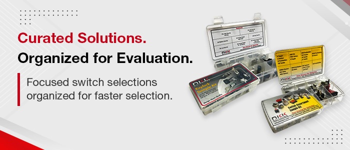 Promotional graphic for NKK Switches sample kits. The image features multiple labeled evaluation kits containing assorted switches organized in clear plastic cases. Headline text reads, 