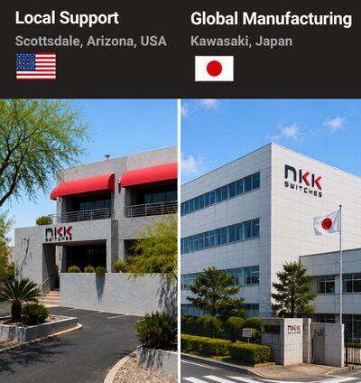 Side-by-side photos of NKK's Scottsdale, Arizona support facility and Kawasaki, Japan manufacturing headquarters, illustrating local customer support backed by global manufacturing capabilities