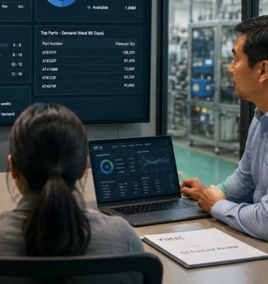 Engineers reviewing production planning dashboards and inventory data on large displays and a laptop to support forecasting, demand planning, and long-term production continuity.