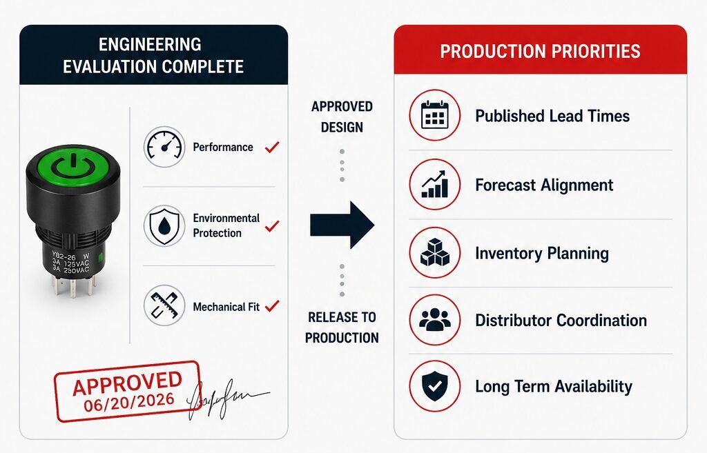 Diagram comparing engineering evaluation criteria with production planning priorities, showing the transition from approved design to long-term production considerations including lead times, forecast alignment, inventory planning, distributor coordination, and long-term availability.