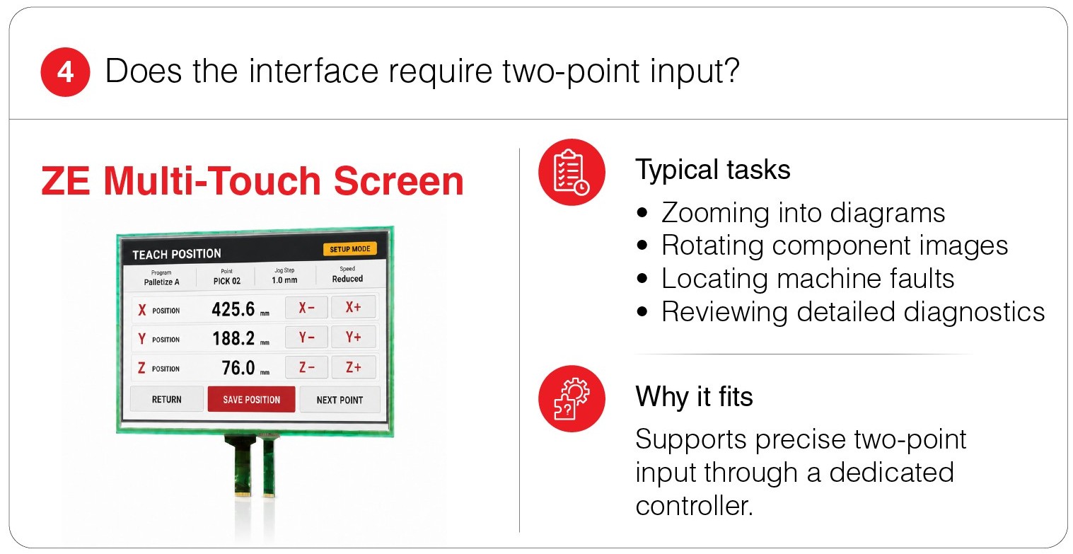 Does the HMI require two-point input? The ZE Multi-Touch Screen for precise two-point input. Typical tasks include zooming into diagrams, rotating component images, locating machine faults, and reviewing detailed diagnostics.